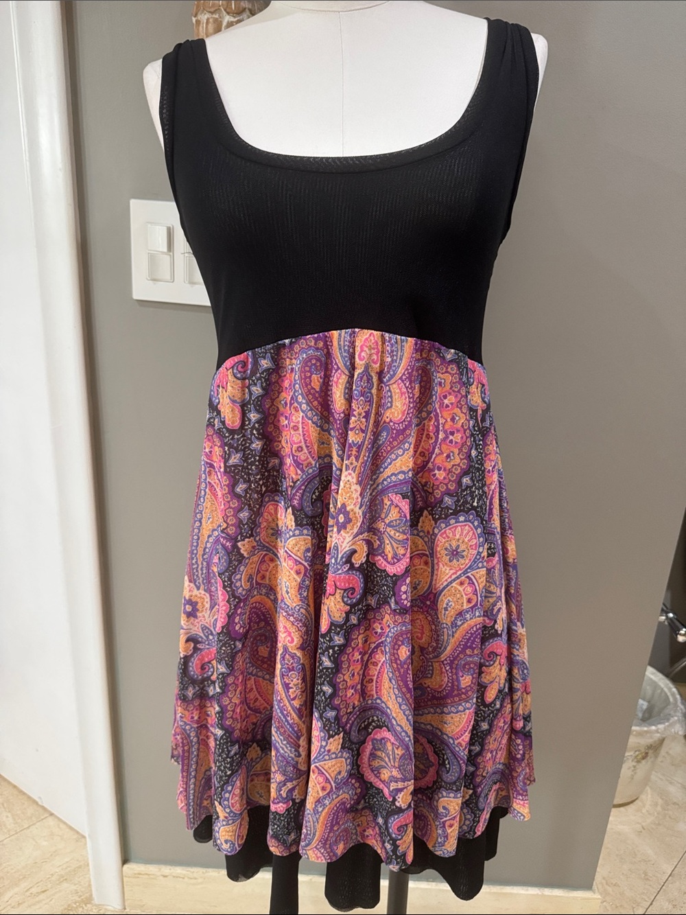 Sweet Pea by Stacy Frati Black Bodice Paisley Midi Dress in Purple & Pink